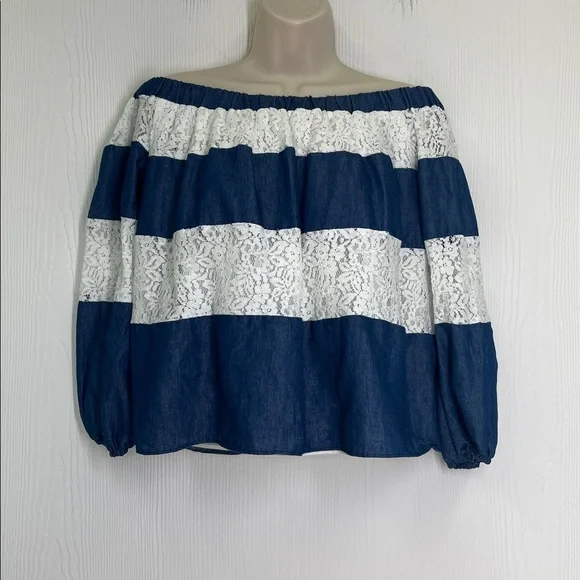 English Factory - Blue And White Lace Stripe Off The Shoulder Blouse Size Small - Picture 2 of 10